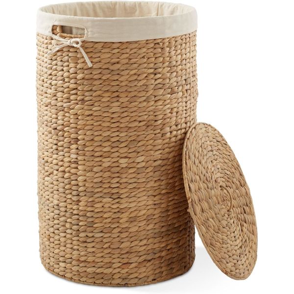 Round Laundry Hamper With Lid And Removable Liner Bag - Natural, Woven Water Hyacinth Wicker Laundry Basket For Clothes And Towels