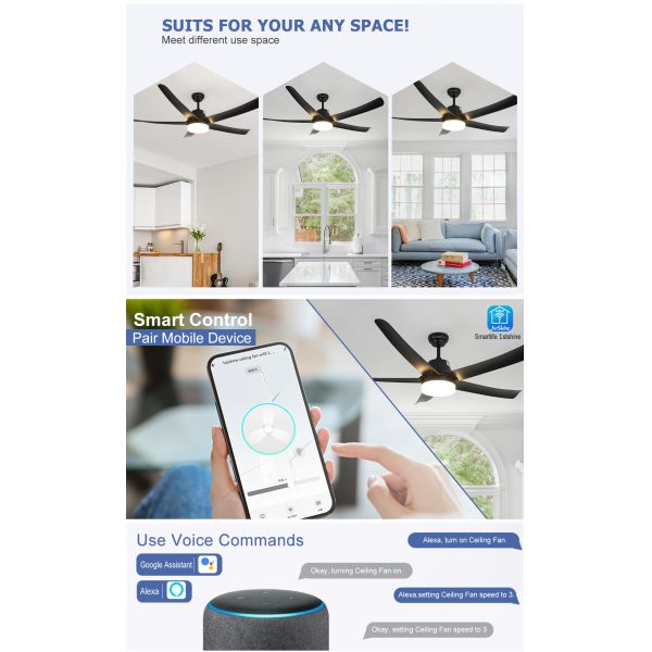 56-Inch Modern Black Plastic Ceiling Fan with LED Light and DC Motor