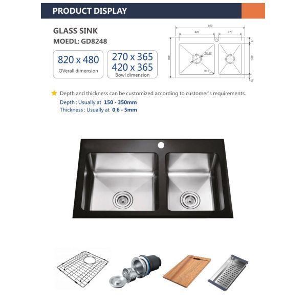 60 40 Tempered Glass Kitchen Sink Stainless Steel 32' 16 Double Bowl 82x48