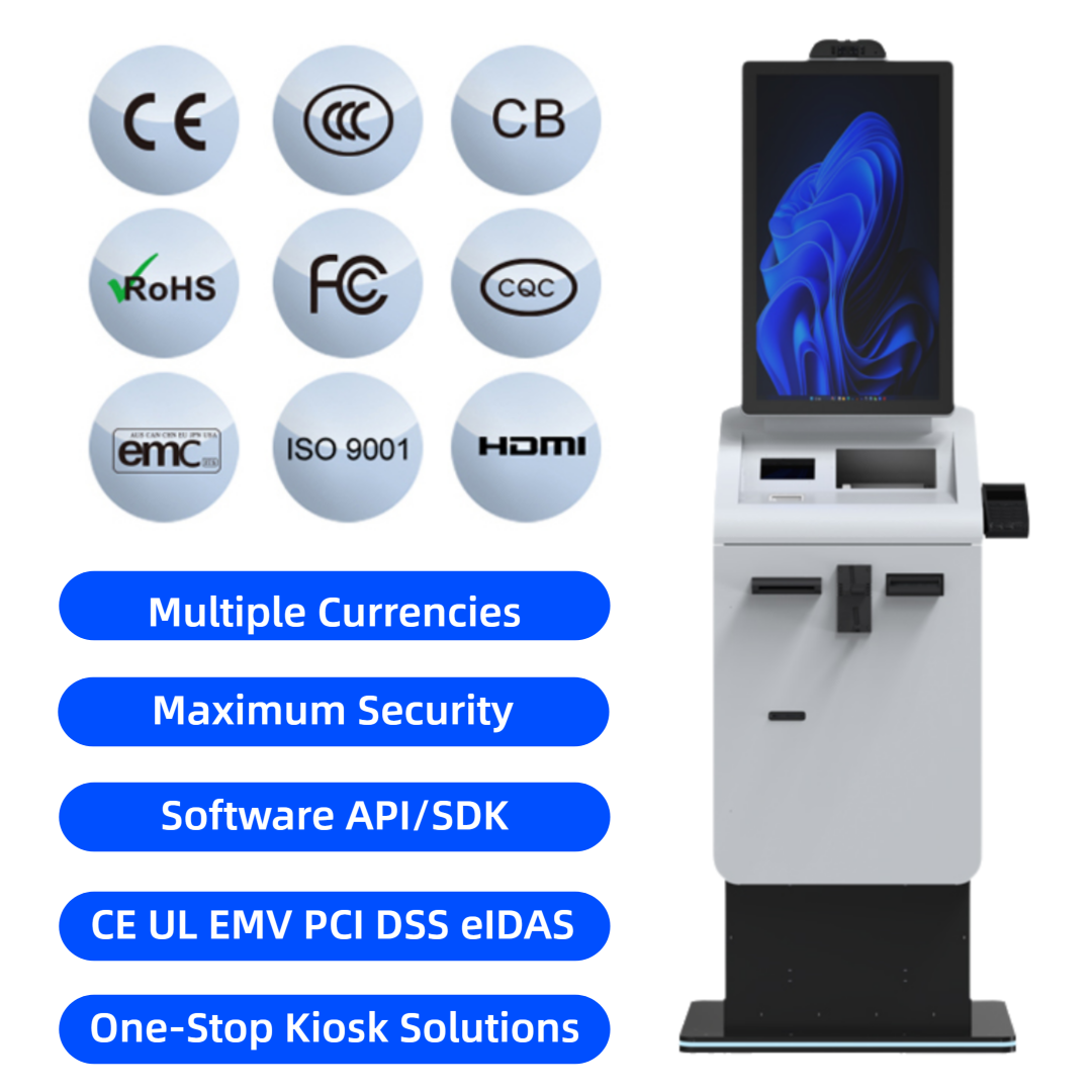 Customized Self Service Currency Exchange Cash Coin Payment Kiosk QR Barcode Scanner A4 Receipt Printer SDK CE FCC Certification