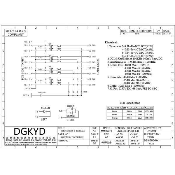DGKYD711Q170AE5W2D057 Integrated Tab Up Double USB 2.0 RJ45 Network Connector For PCMCIA Net Card