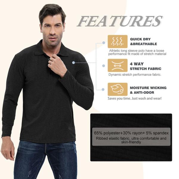 Camiseta de polo personalizada de costelas de tricô de músculo masculino de manga longa camiseta de treino para ginásio e golfe