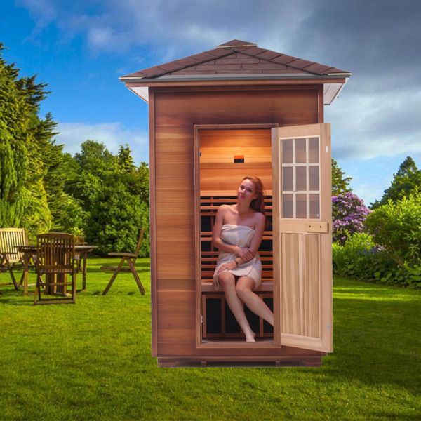Red Cedar Hemlock Corner Wooden Outdoor Infrared Dry Sauna For 2 Person