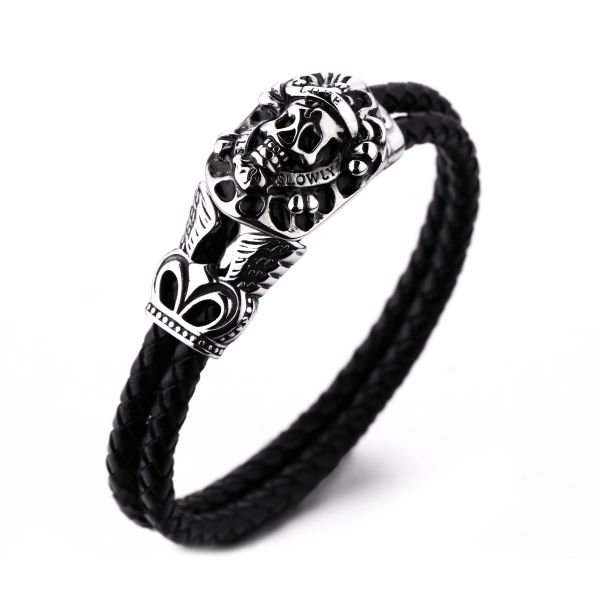 Man's leather bracelet man's stainless steel skull magnetic clasp bracelet