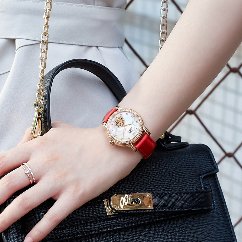 Rose Gold Skeleton Mechanical Ladies Watch Mother Of Pearl Dial Crystal Bezel Genuine Leather Strap 3 Colors Luxury Women Dress Wrist Watch Gift