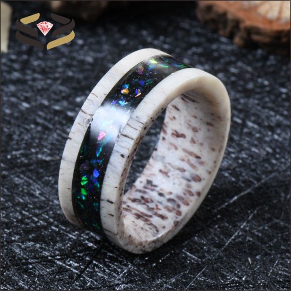 Starry Opal Inlay Deer Antler Wedding Band 8mm with Invisible Setting