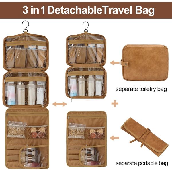 3 In1 Makeup Toiletry Travel Bag Brown Leather Water-Resistant Hanging With Hooks