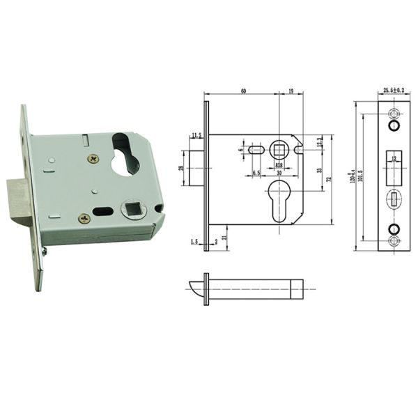 MLC104-60 Mortice Commercial Door Locks Latch Set 60mm Backset Stainless Steel Material