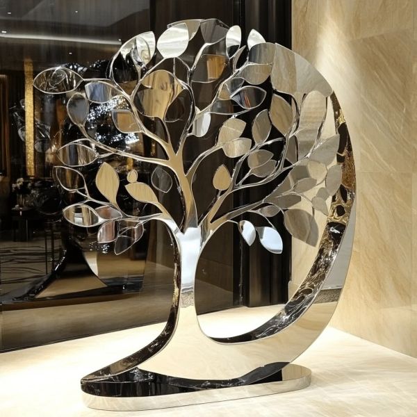 High - End Restaurant Interior Design: Custom - Made Stainless Steel Tree Sculpture