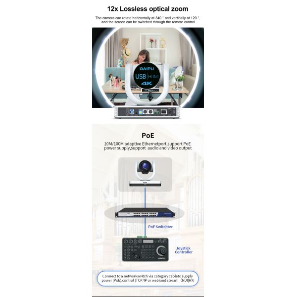 4K 12X Optic HD YouTube ToF Ptz HD Optical Zoom Video Camera for Live Streaming System