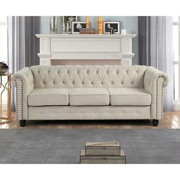 Chesterfield arm 3+2+1 seater sofa set with button tufted design light Grey Color Linen fabric Sofa for living room