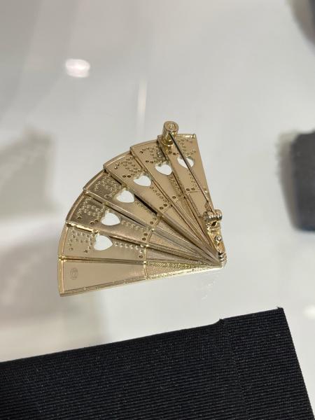 Handmade Brass Fan Brooch with Swarovsk* Diamond and Light Yellow Gold Finish - Elegant Double C Openwork Design