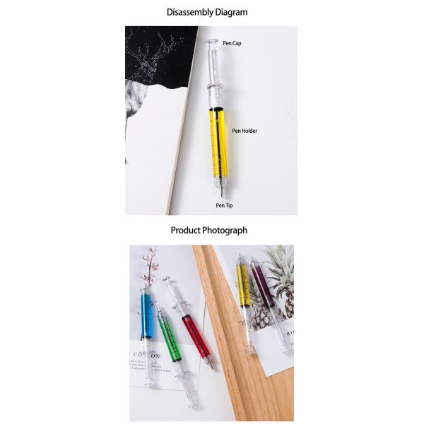 Plume à bille créative en forme de seringue Plume à bille en plastique colorée remplie d'huile