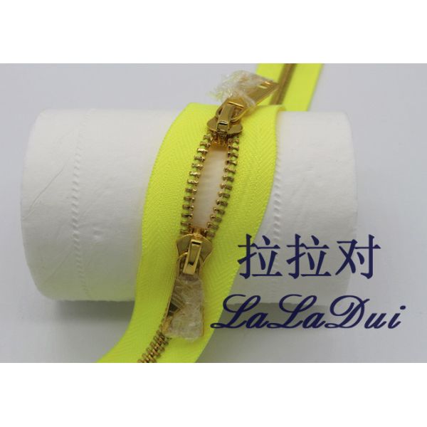 Close End Metal Double Head Zipper For Handbag , Luggage High End Zippers Bright Yellow Tape