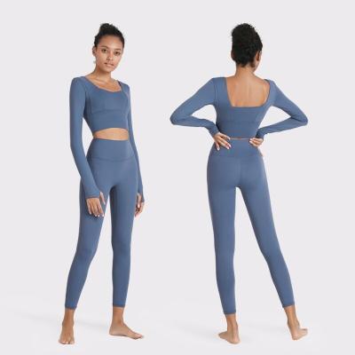 High Waist Yoga Workout Clothes Breathable Yoga Leggings Top Set With Thumb Hole