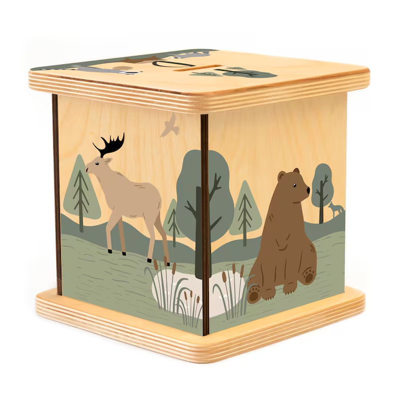 Wooden Piggy Bank in Plain Color with Customizable Woodland Animals Design