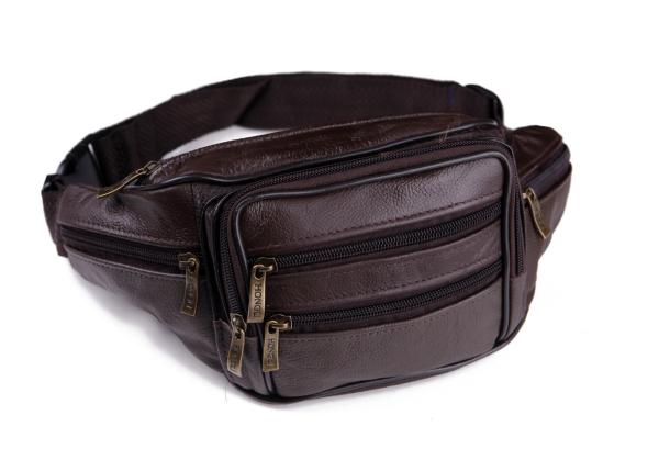 Black Men Leather Travel Waist Bag Lining 210 D 4 Zipper Pocket Adjustable Strap