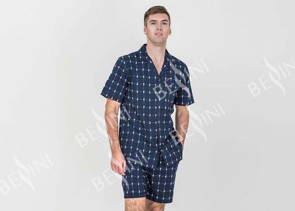 Navy Blue Mens Luxury Sleepwear Button Through Shirt And Short Pants Eco Friendly