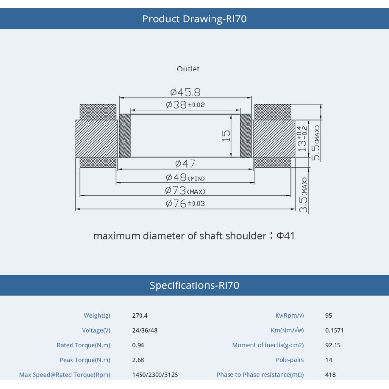 Wholesale Price T-MOTOR RI70 KV94 Frameless Inrunner Brushless Torque Servo Bldc Robot Joint Motor With Hall Sensor