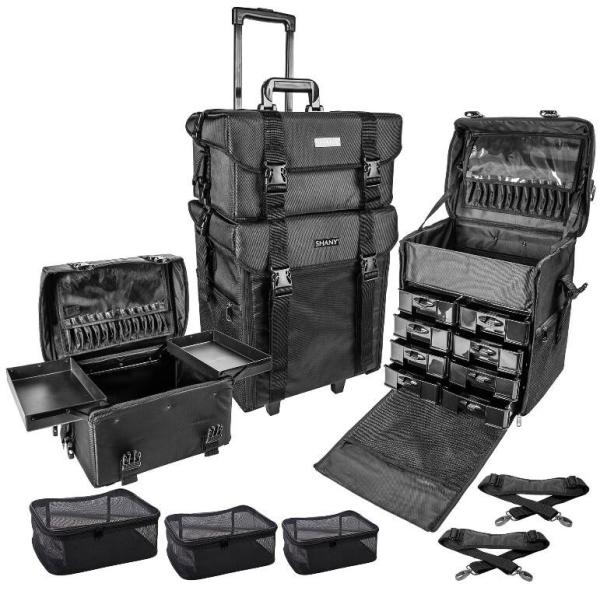Stackable Adjustable Makeup Soft Trolley Case , Makeup Beauty Trolley Black Color