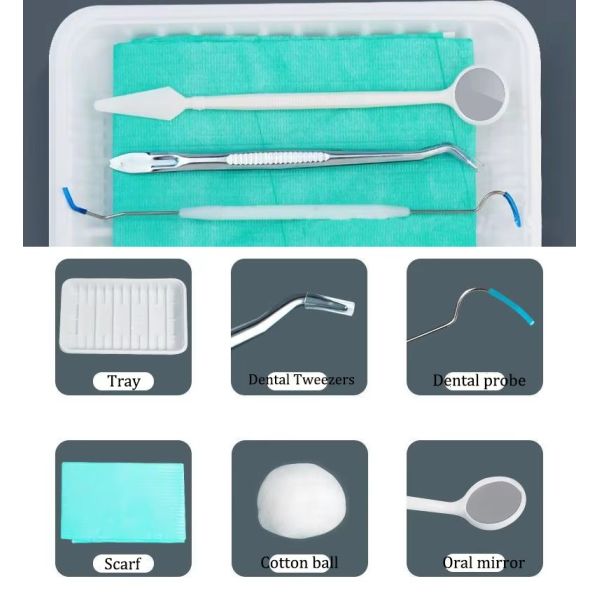 Disposable dental instrument kit with mirror/tweezer/probe/bib//tray good price dental examination kit