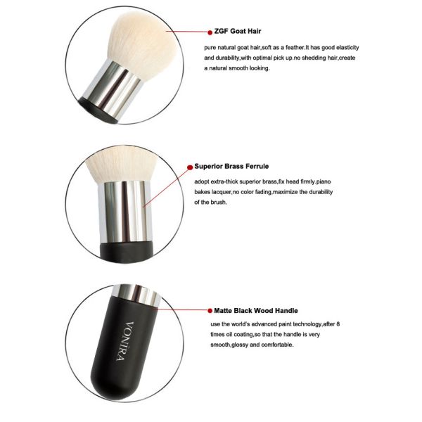 Ultra Soft ZGF Goat Hair Makeup Brush Black Wood Short Handle Face Powder Brush