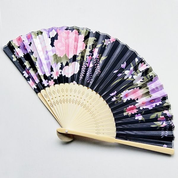 Custom Personalized 21cm Japanese Satin Fabric Bamboo Gold Flower Hand Folding Fan for Promotion Gift