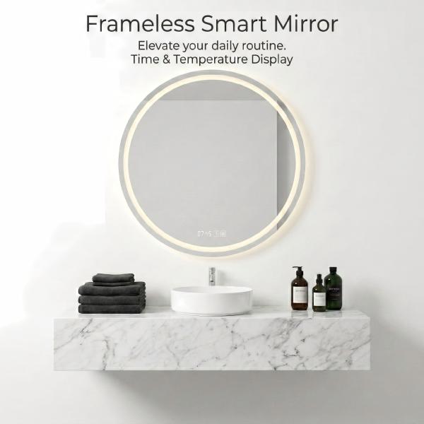 Kingstin Modern Frameless Round LED Smart Mirror | Anti-Fog & Custom Time Display | Luxury Stainless Steel Bathroom Vanity