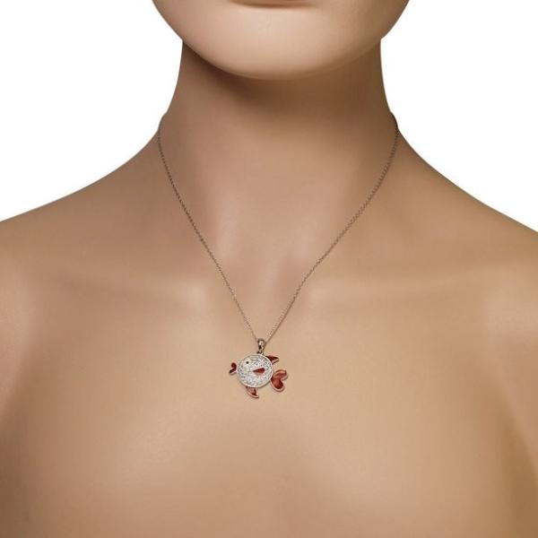 Sea Life Red Enamel White Clear CZ Fish Pendant Necklace 925 Sterling Silver