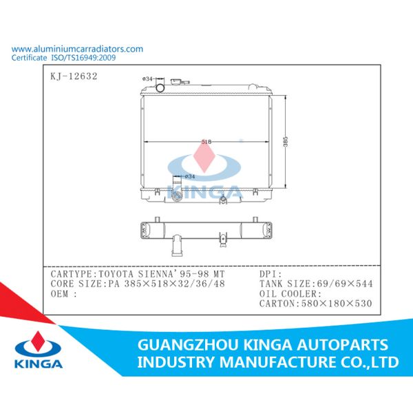 Replacement Toyota Radiator Finish Toyota Sienna' 95-98 MT Aluminum Auto Radiators