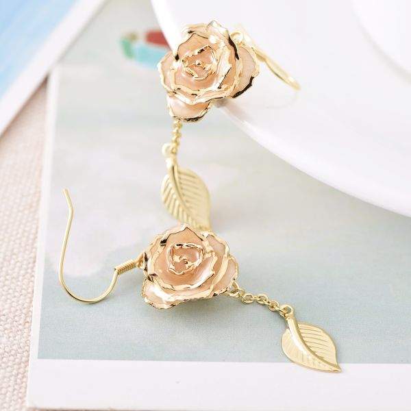 Rose Earrings 24k Gold Dipped Roses Gifts Valentine Day Holiday Everlasting Flowers