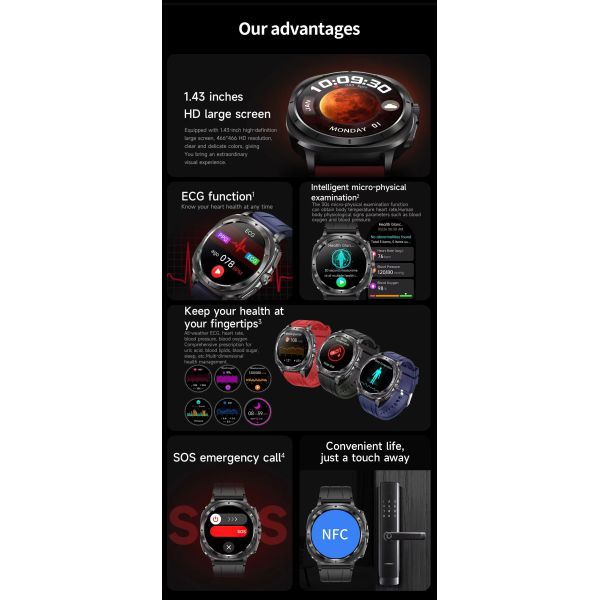 ET492 Blood Pressure Blood Oxygen Smart Watch With Emergency SOS