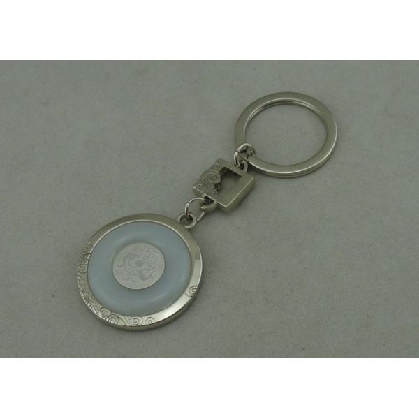 1 1/2 Inch Zinc Alloy Promotional Key Chain With Porcelain Piece Inserted , Silver Plating
