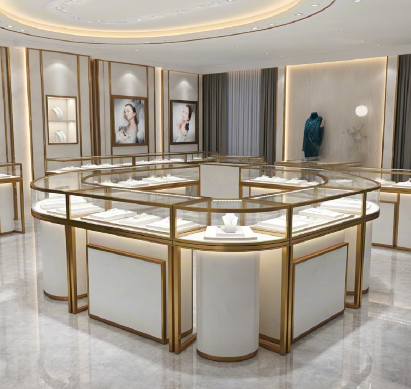 Luxury 360° Panoramic Curved Glass Jewelry Display Counter with Integrated LED Lighting System and 100% Full Customization