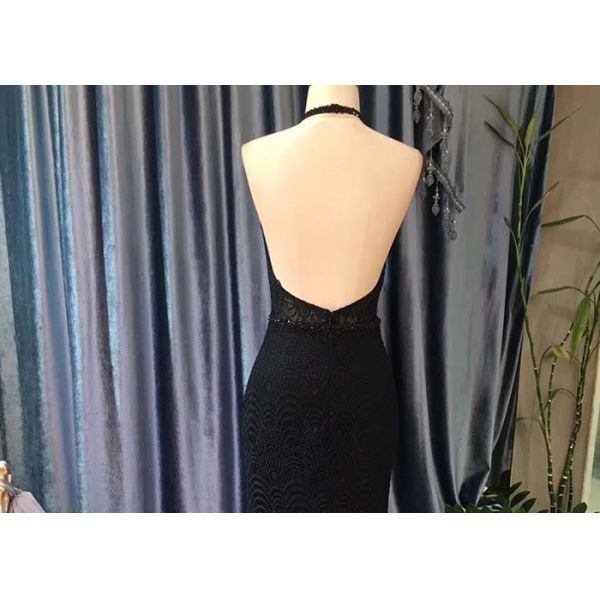 Backless Black Lace Mermaid Prom Dress / Fishtail Waist Beaded Evening Gown