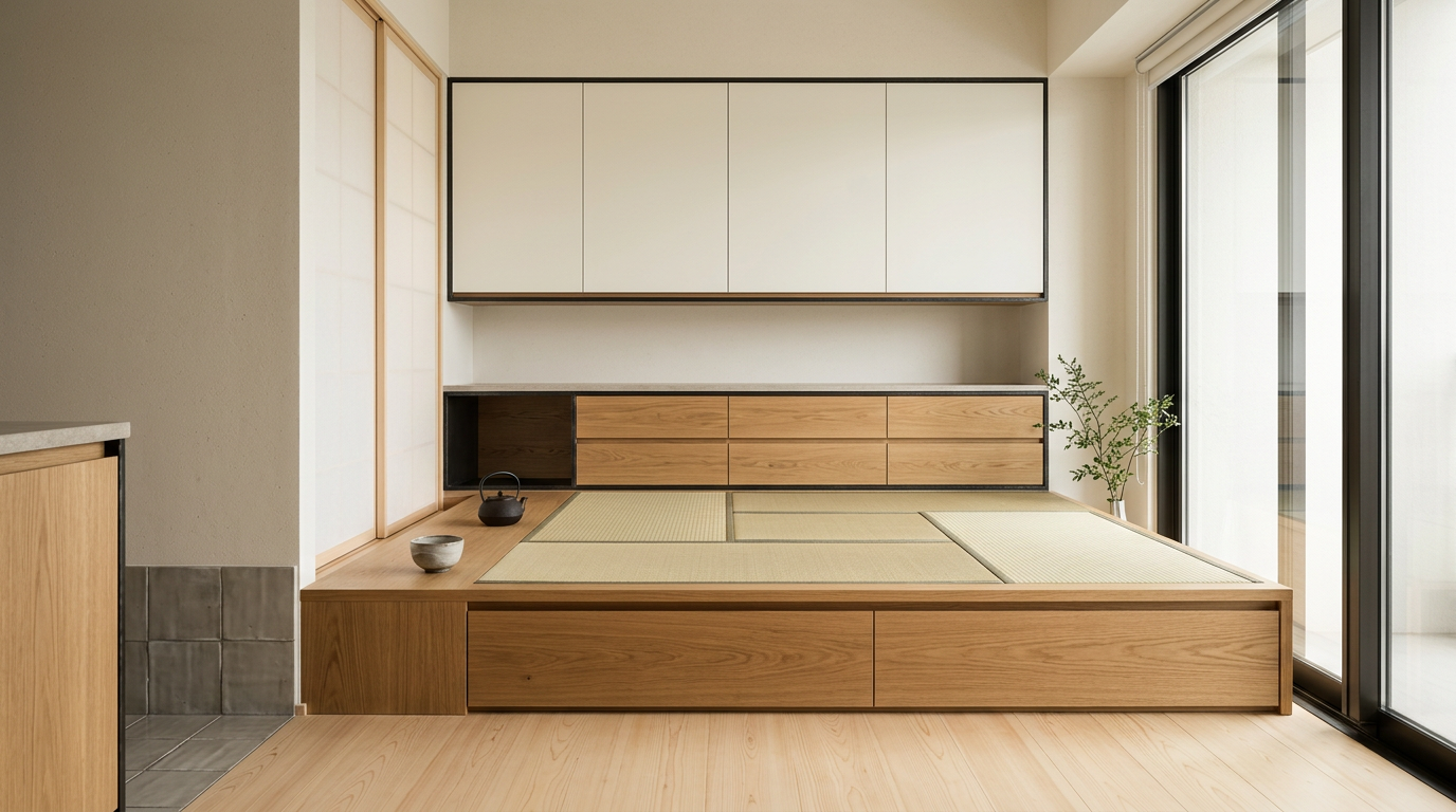 Low-Profile Japandi Platform Bed in 304 Stainless Steel with Oak Veneer