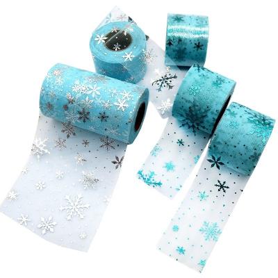 Tela azul 15.2cm de Rolls do tule de Organza do poliéster do teste padrão do floco de neve