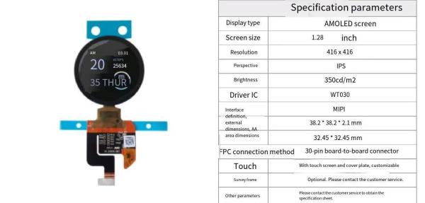 1.28 Inch Circular Oled Display Arduino 416*416 Dots 350cd/M2 MIPI Interface Driving IC WT030