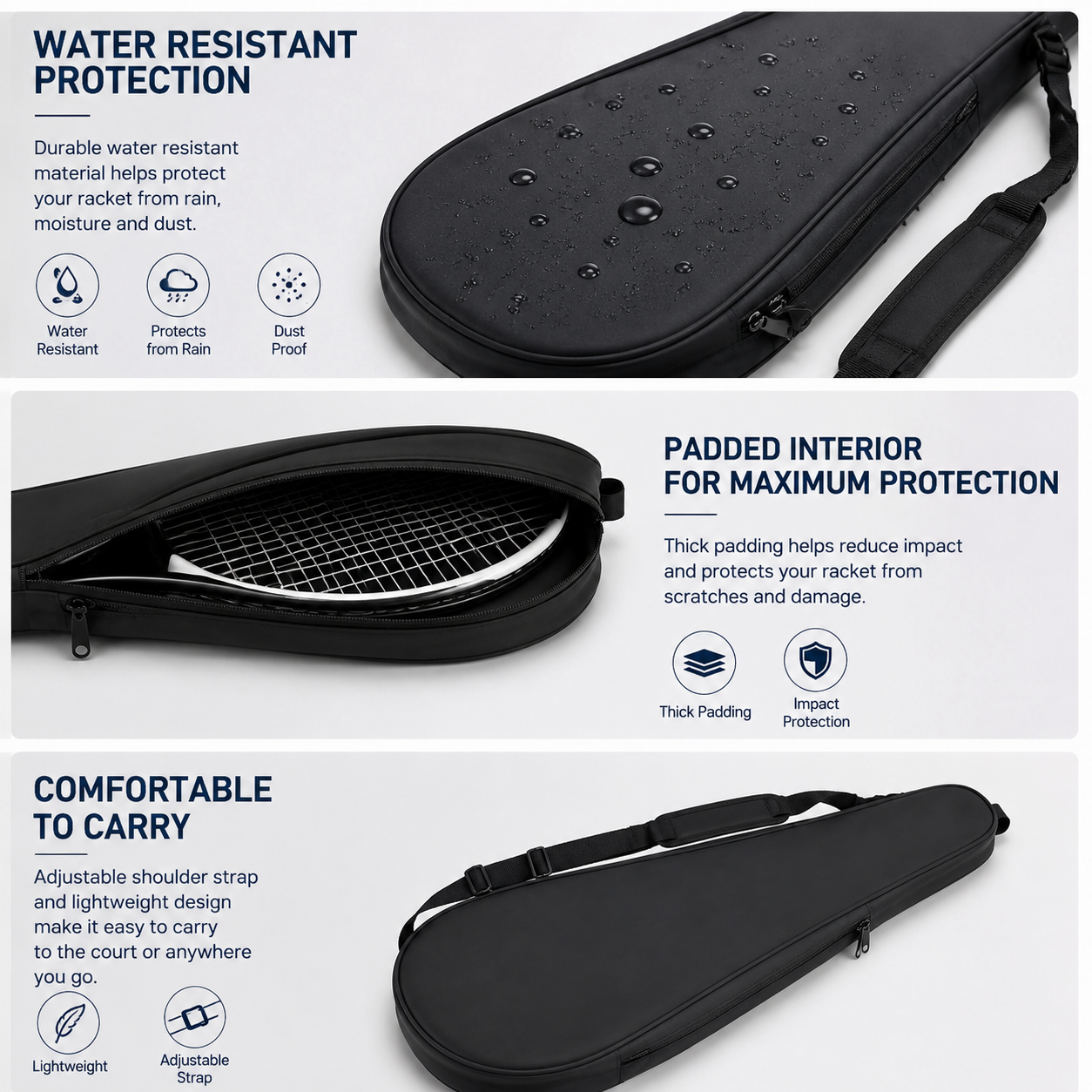 Water Resistant Padded Racket Bag - Spacious Tennis Bag for 2 Rackets and Accessories