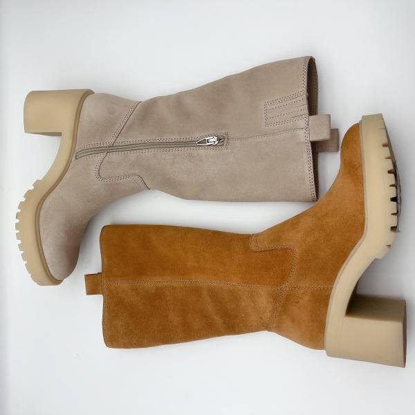 Brown soft suede leather Womens Dress Boots with 3/4 ykk metal zipper，One piece of TPR outsole