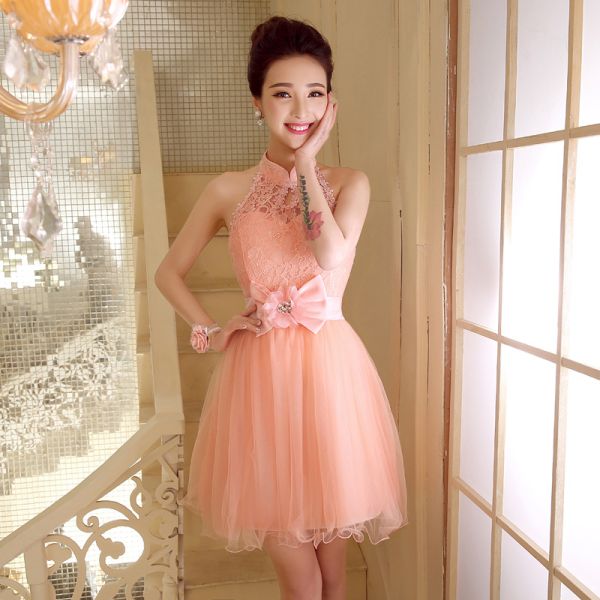 New Short Halter Champagne Purple Bridesmaid Dress Bride Strapless Lace Rose Dress