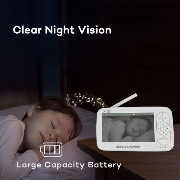 5 pulgadas de visión nocturna HD Baby Monitor 5000mAh Batería con detección de movimiento de sonido