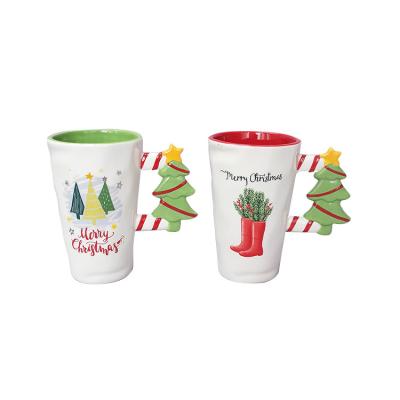 Custom 500ml Ceramic Mugs , Ceramic Christmas Cup With Tree Handle