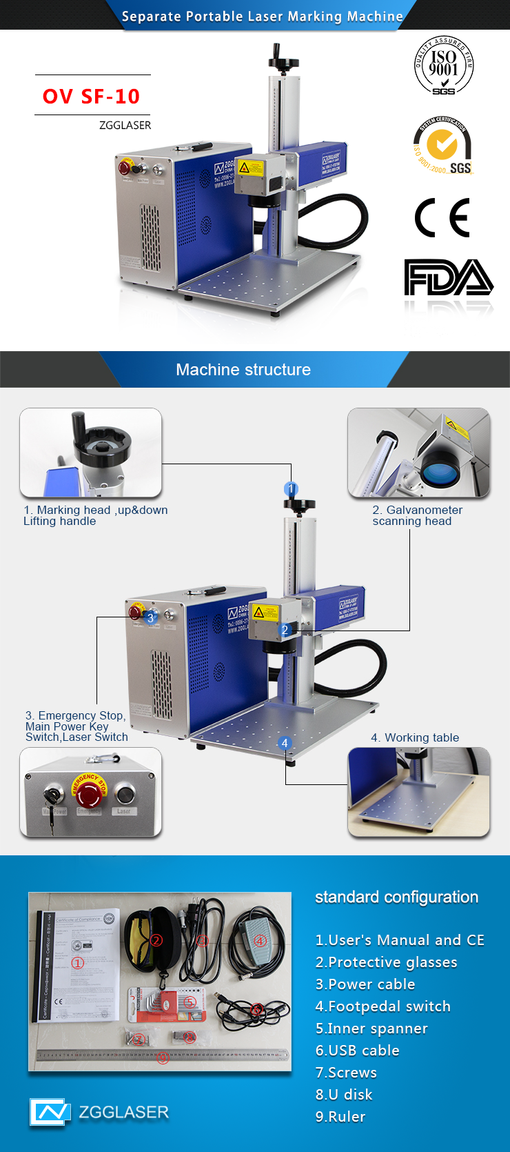 20W 30W 50W Separate Portable Fiber Laser Marking Machine for Metal Stainless Steel