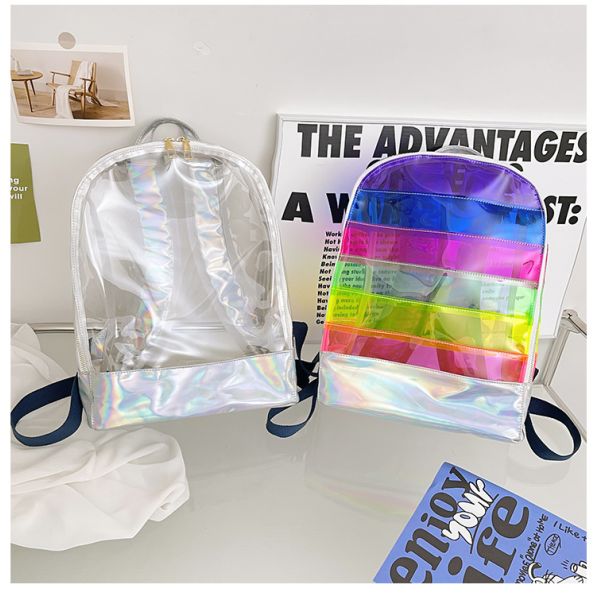 Stylish Transparent PVC Backpack Women's Jelly Stripe Stitching Rainbow Hologram for Daily