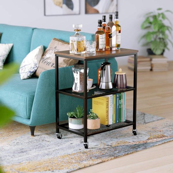 Wood And Stainless Steel Moveable Rolling Small Microwave Cart Trolley For Utility Storage