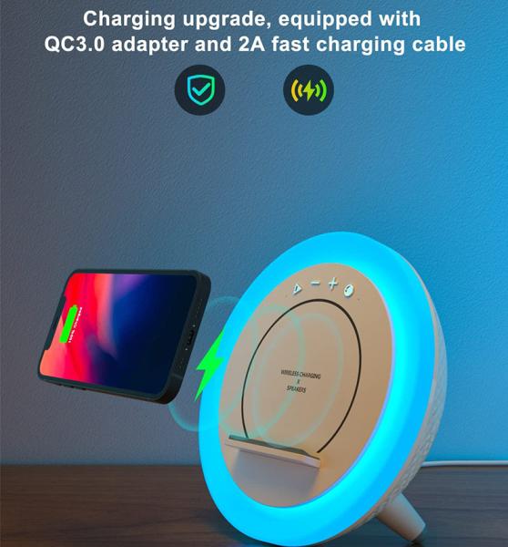 10W Multicolor Wireless Charging Night Light With Bluetooth Speaker