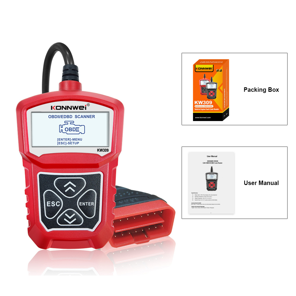 блок развертки читателя кода OBD2 двигателя 16pin KW309 Konnwei с экраном LCD