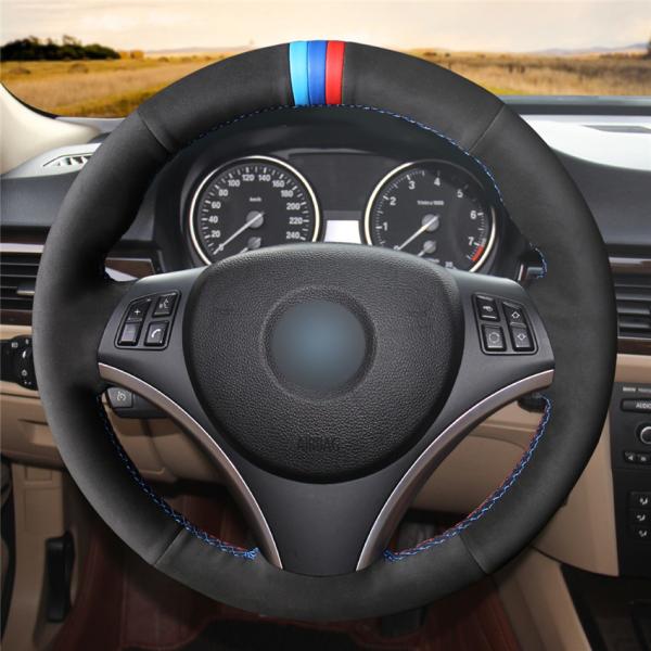 Black Suede Red Marker Steering Wheel Cover for BMW E90 E87 120i 130i 120d 30*15*5 cm