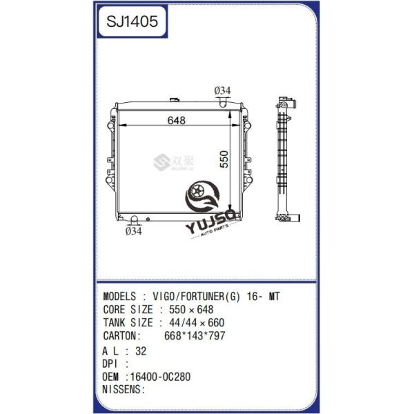 Radiador con núcleo de aluminio para Toyota Fortuner 2016+ OEM 16400-0C280